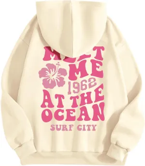Pink Preppy Hoodie for Women Teen Girls Meet Me at The Ocean Graphic Y2K Comfort Hoodie Oversized Hooded Sweatshirts