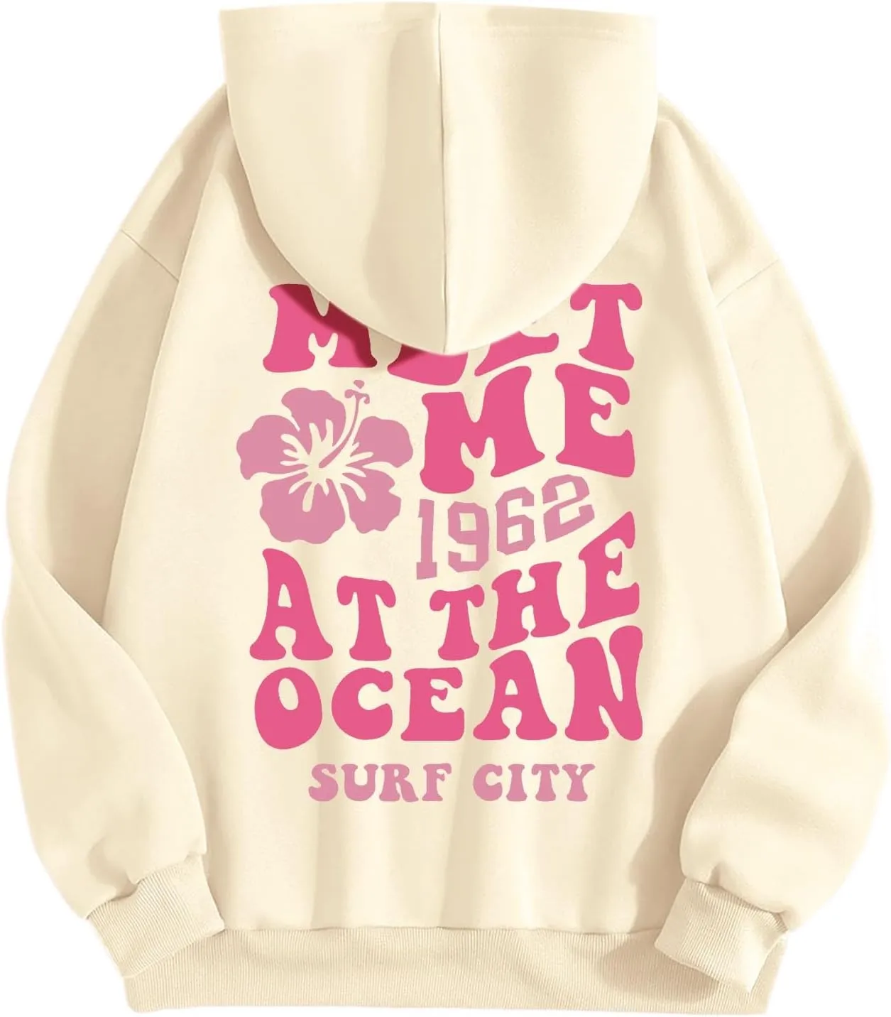 Pink Preppy Hoodie for Women Teen Girls Meet Me at The Ocean Graphic Y2K Comfort Hoodie Oversized Hooded Sweatshirts