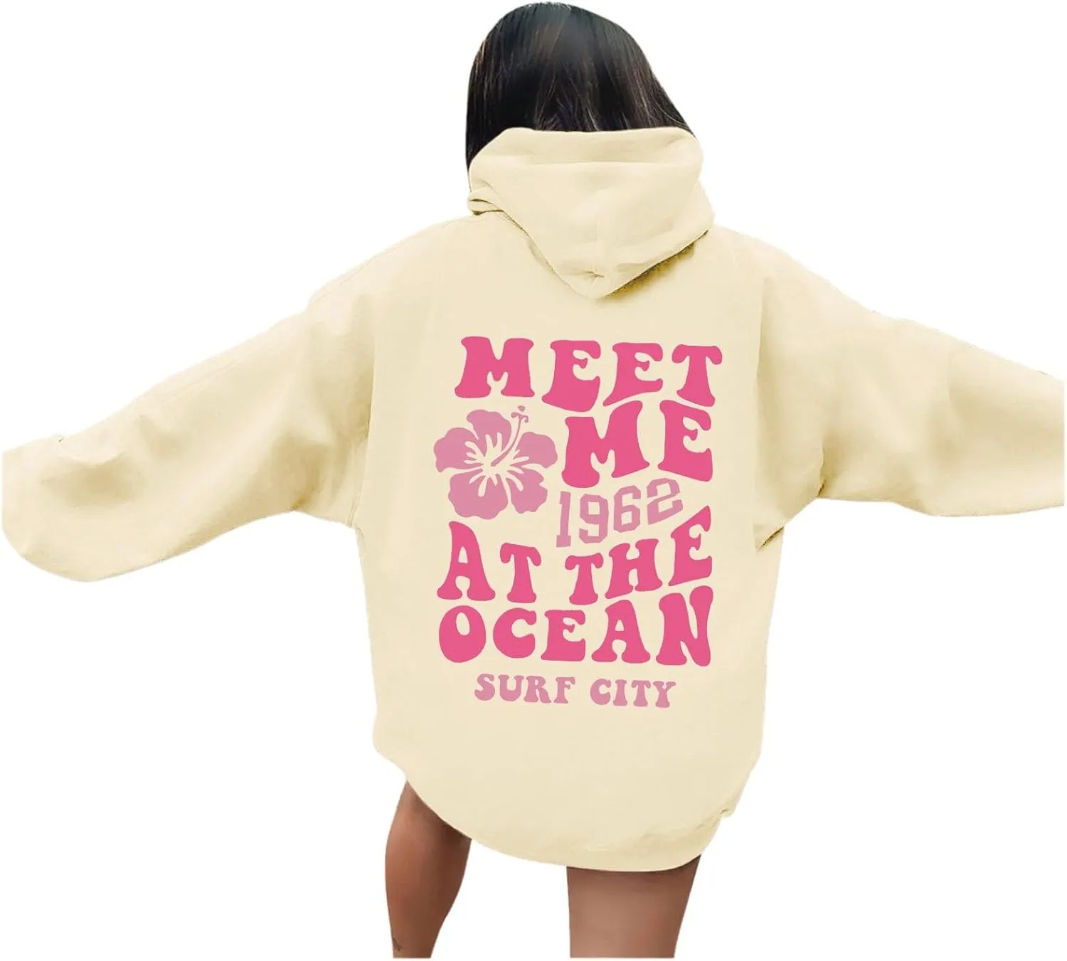 Pink Preppy Hoodie for Women Teen Girls Meet Me at The Ocean Graphic Y2K Comfort Hoodie Oversized Hooded Sweatshirts