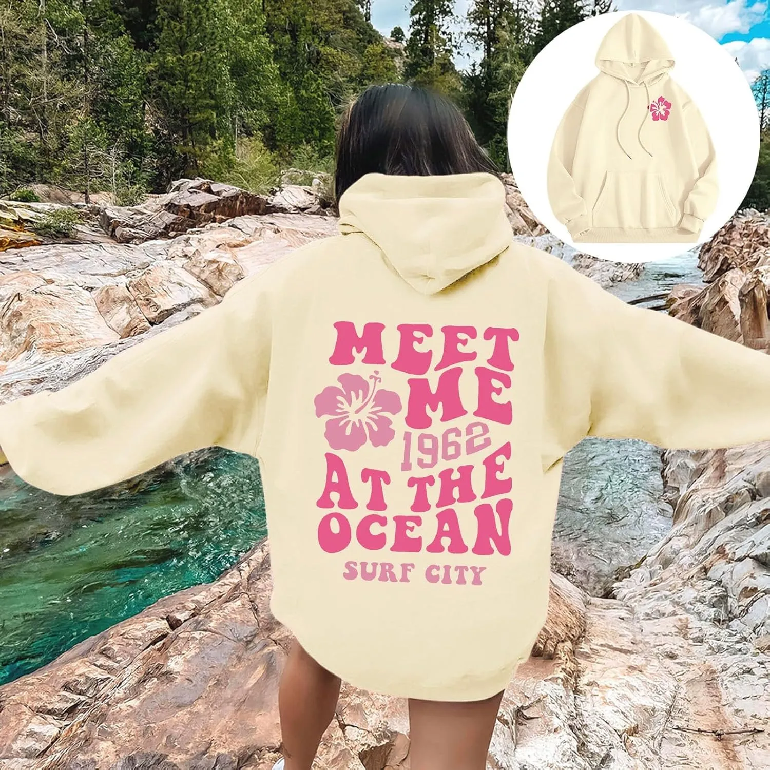 Pink Preppy Hoodie for Women Teen Girls Meet Me at The Ocean Graphic Y2K Comfort Hoodie Oversized Hooded Sweatshirts