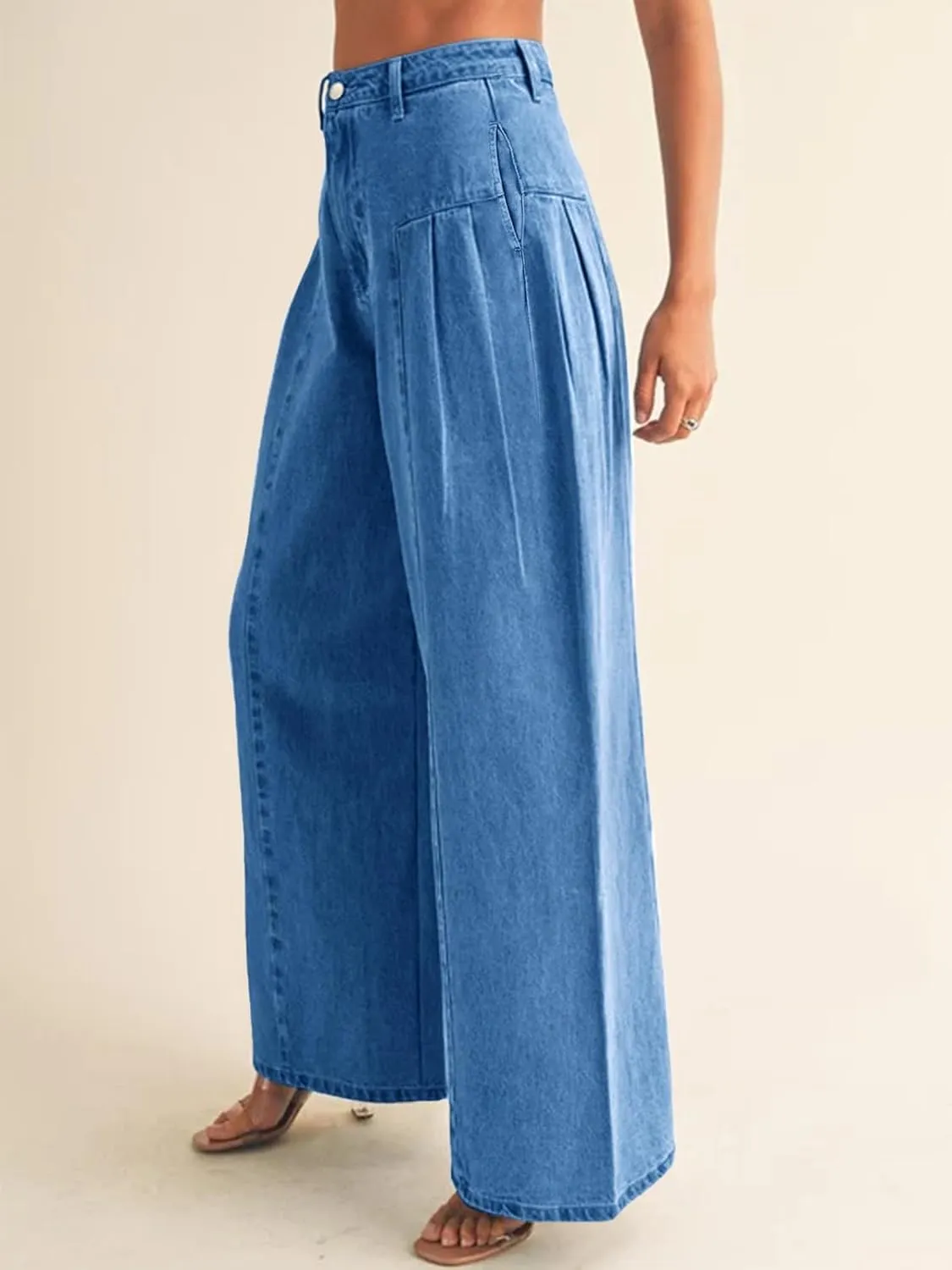 PLNOTME Womens Baggy High Waisted Jeans Loose Boyfriend Wide Leg Side Pleated Denim Pants