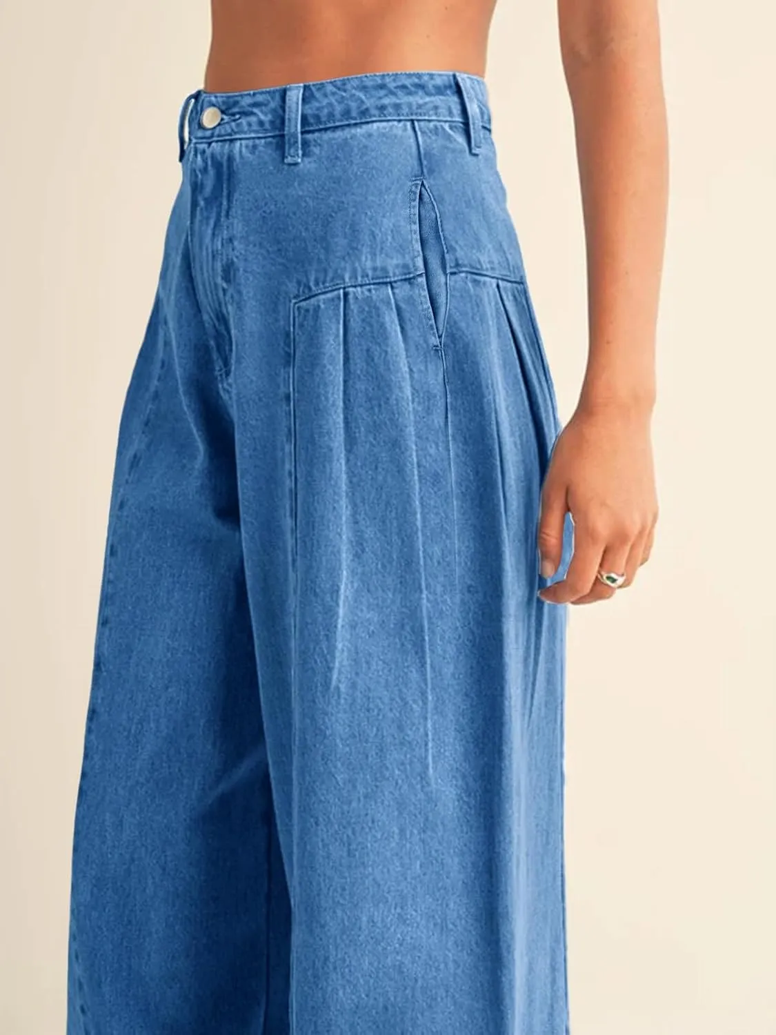 PLNOTME Womens Baggy High Waisted Jeans Loose Boyfriend Wide Leg Side Pleated Denim Pants