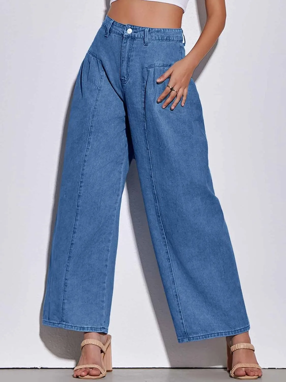 PLNOTME Womens Baggy High Waisted Jeans Loose Boyfriend Wide Leg Side Pleated Denim Pants