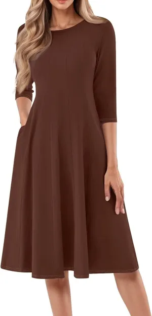 Plus Size Dresses for Curvy Women Summer Casual Loose Trendy Crew Neck 3/4 Sleeve Solid Midi Dress 2025, S-3XL