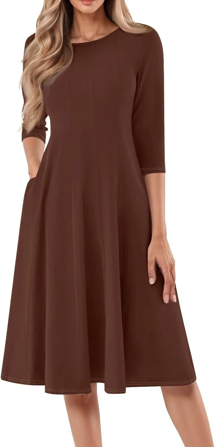 Plus Size Dresses for Curvy Women Summer Casual Loose Trendy Crew Neck 3/4 Sleeve Solid Midi Dress 2025, S-3XL
