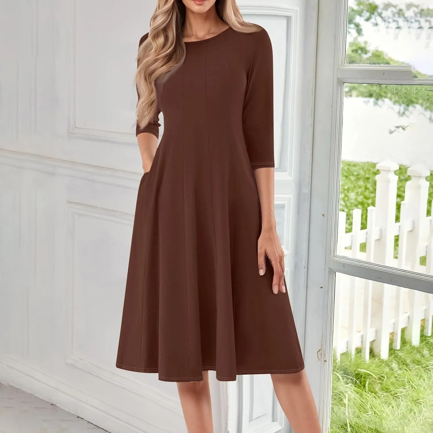 Plus Size Dresses for Curvy Women Summer Casual Loose Trendy Crew Neck 3/4 Sleeve Solid Midi Dress 2025, S-3XL