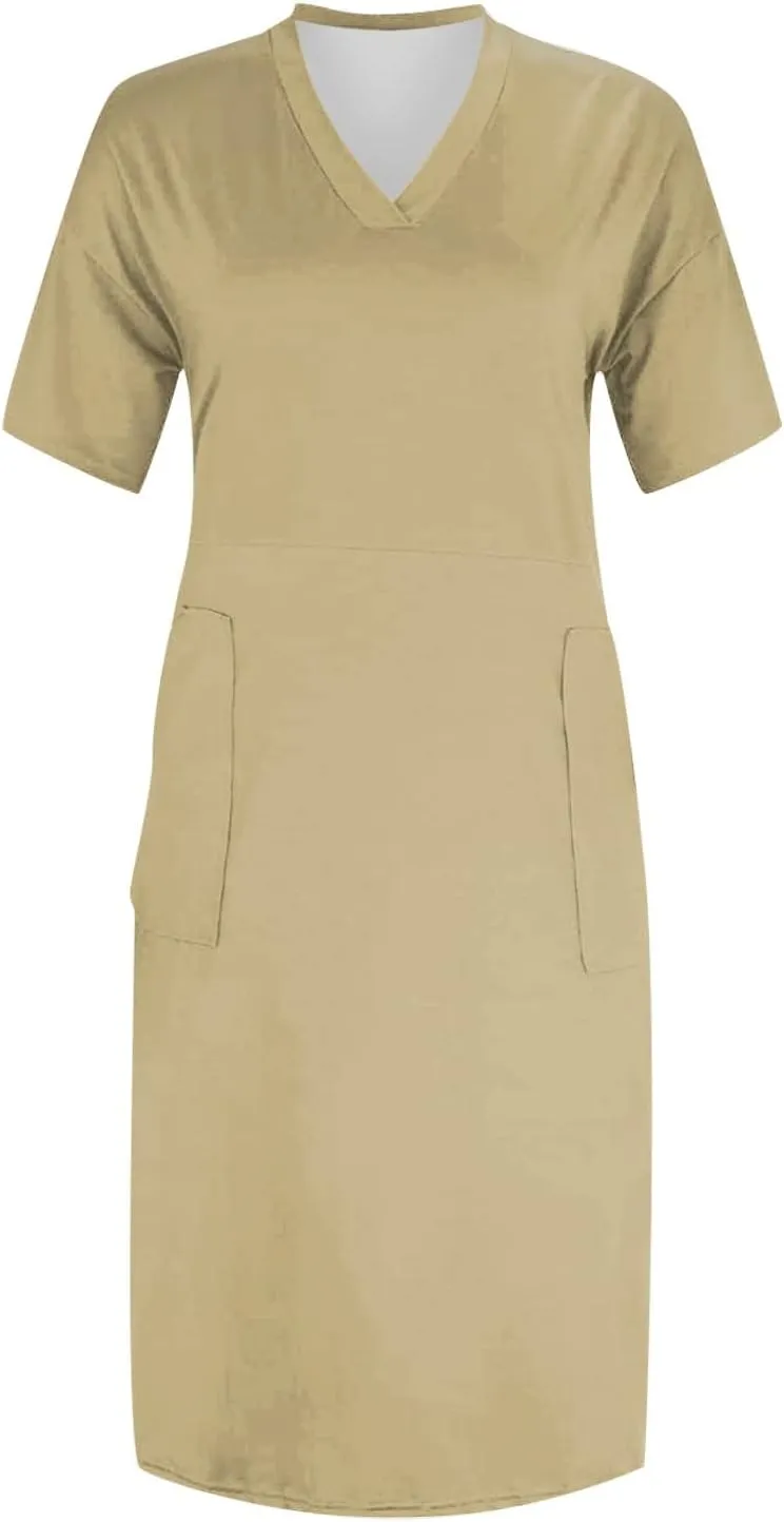 Plus Size Midi Dresses for Women Summer V Neck Curvy African Dresses Oversized Knee Length Short Sleeve Tshirt Dress