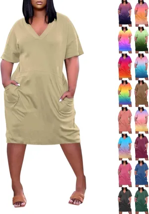 Plus Size Midi Dresses for Women Summer V Neck Curvy African Dresses Oversized Knee Length Short Sleeve Tshirt Dress