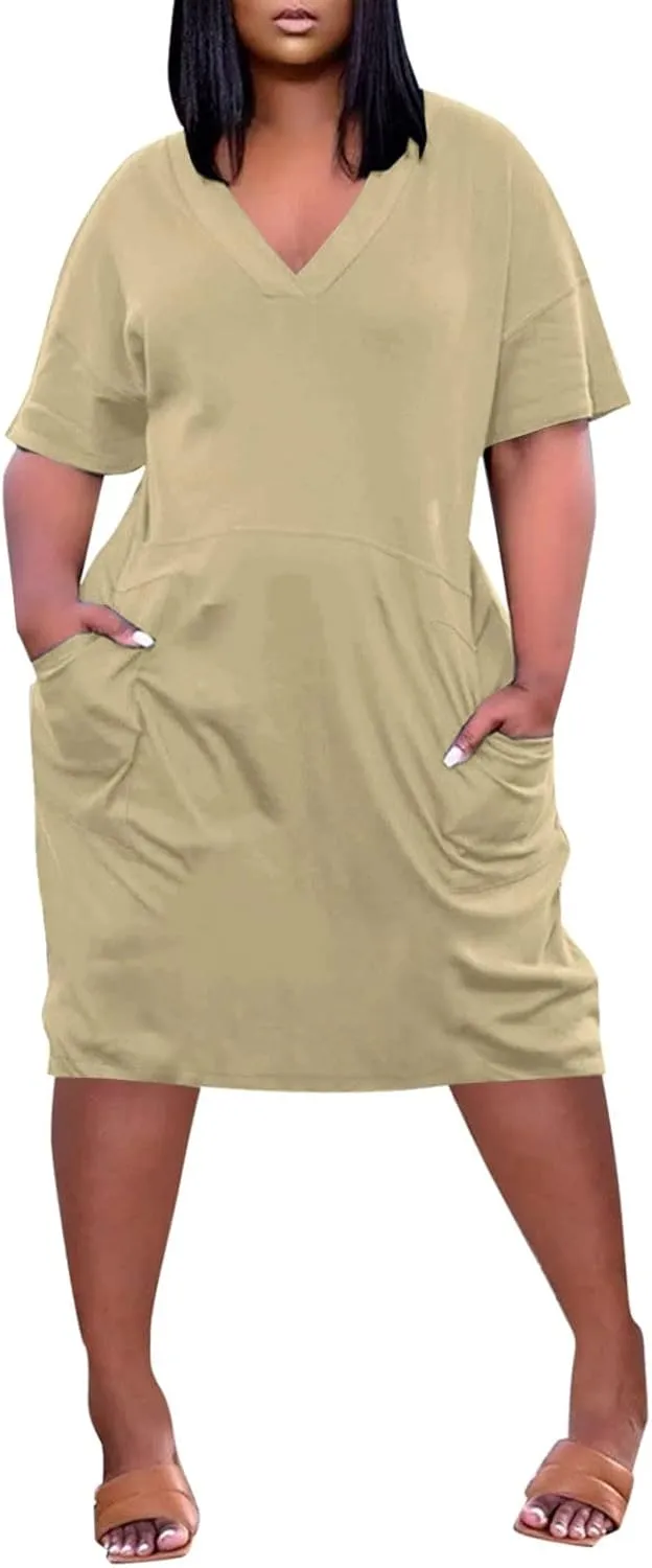 Plus Size Midi Dresses for Women Summer V Neck Curvy African Dresses Oversized Knee Length Short Sleeve Tshirt Dress