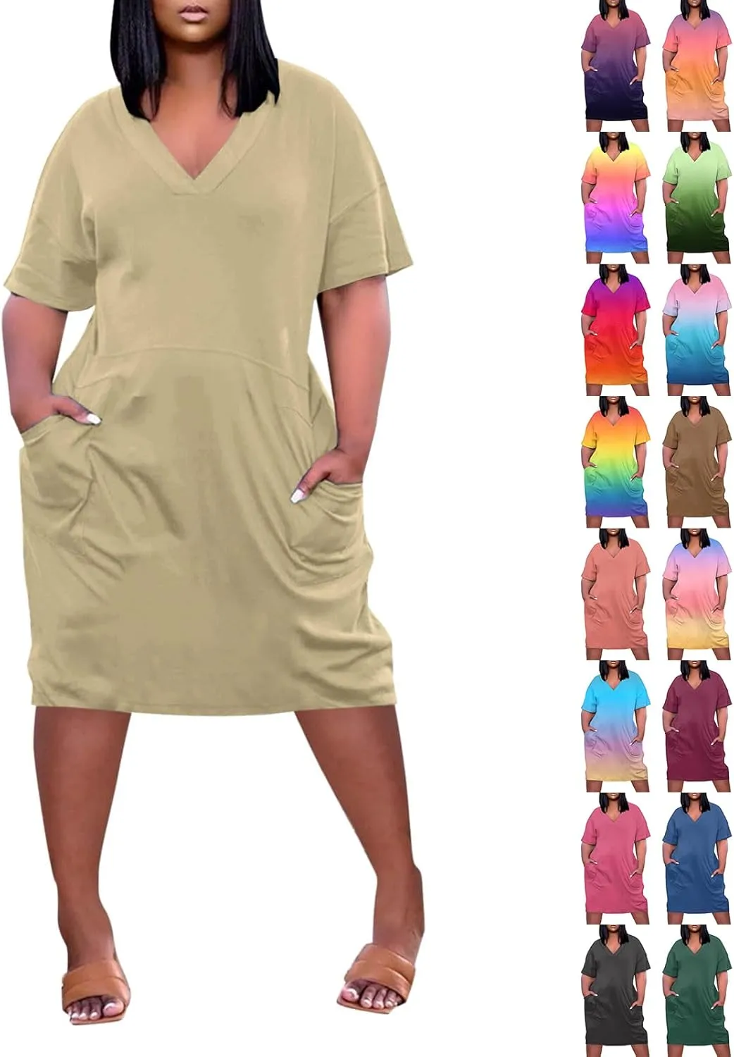 Plus Size Midi Dresses for Women Summer V Neck Curvy African Dresses Oversized Knee Length Short Sleeve Tshirt Dress