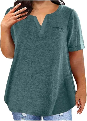 Plus Size Shirts For Women V Neck Loose Fit Summer Tshirts Short Sleeve Solid Color Fashion Blouse Comfy Tunic Tops
