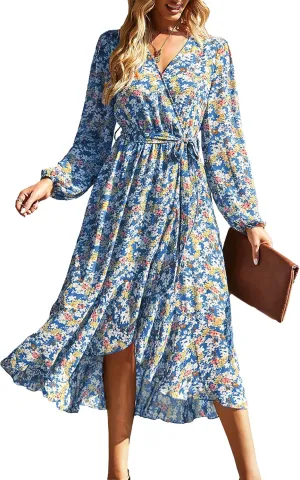 PRETTYGARDEN Women's Floral Print Boho Dress Long Sleeve Wrap V Neck Ruffle Belted A-Line Flowy Maxi Dresses
