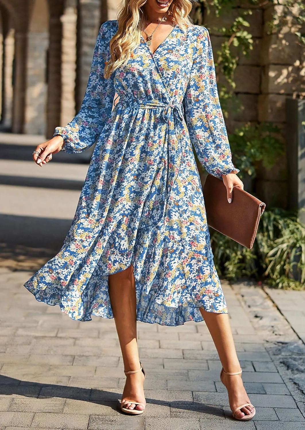 PRETTYGARDEN Women's Floral Print Boho Dress Long Sleeve Wrap V Neck Ruffle Belted A-Line Flowy Maxi Dresses