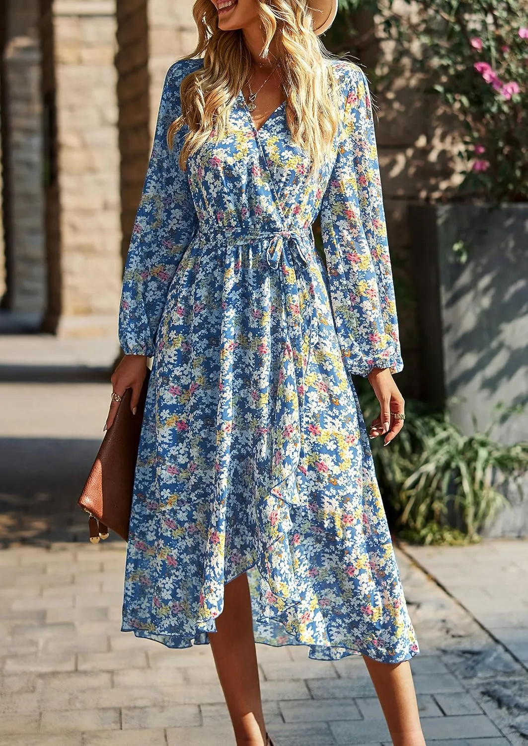 PRETTYGARDEN Women's Floral Print Boho Dress Long Sleeve Wrap V Neck Ruffle Belted A-Line Flowy Maxi Dresses