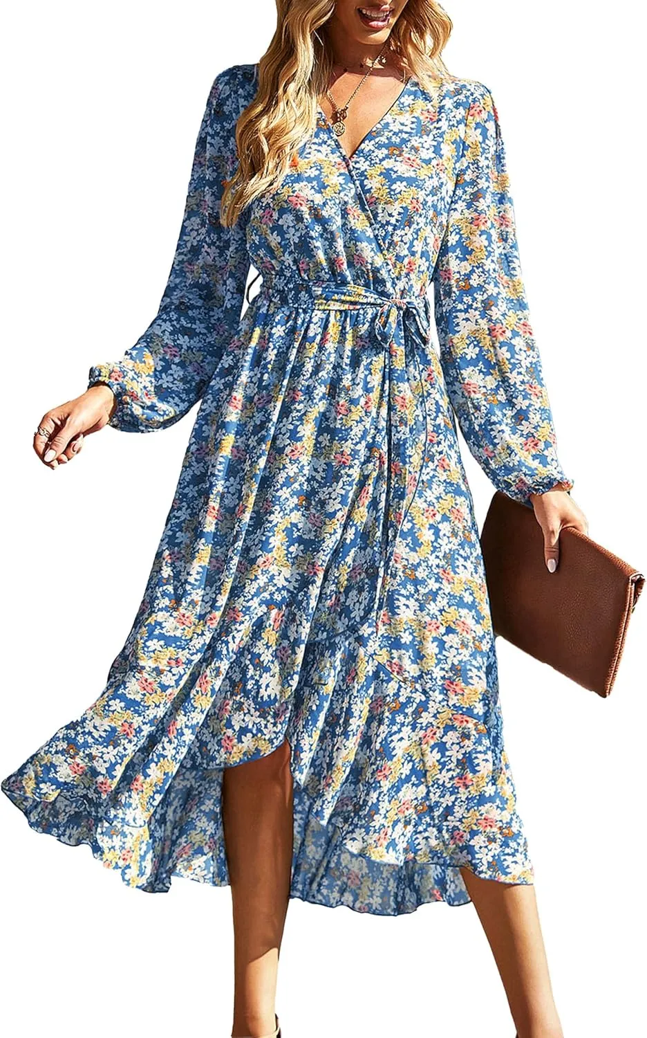 PRETTYGARDEN Women's Floral Print Boho Dress Long Sleeve Wrap V Neck Ruffle Belted A-Line Flowy Maxi Dresses