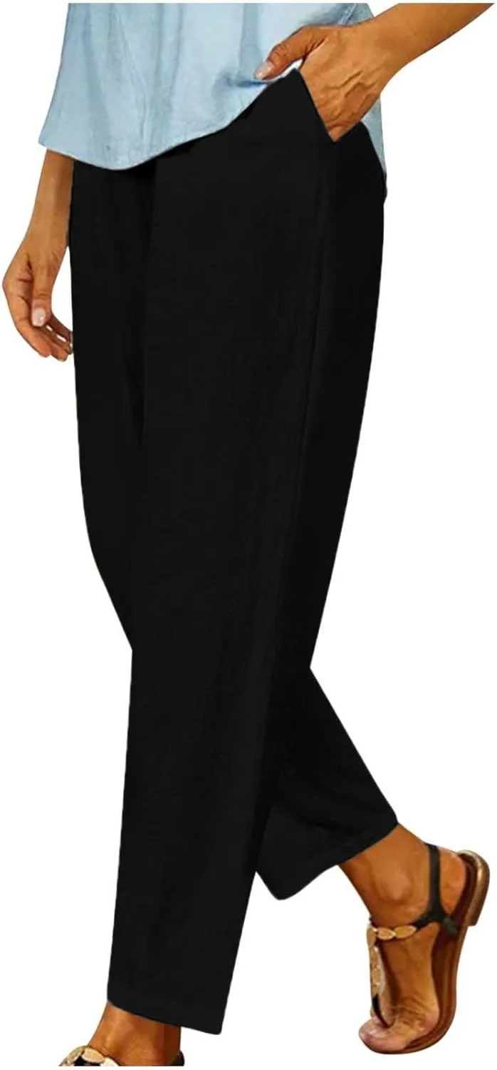 PTOLOCIF Women's Linen Blend Pants Straight Leg Dress Pants High Waist Cotton Linen Pant Flowy Wide Leg Summer Boho Trousers