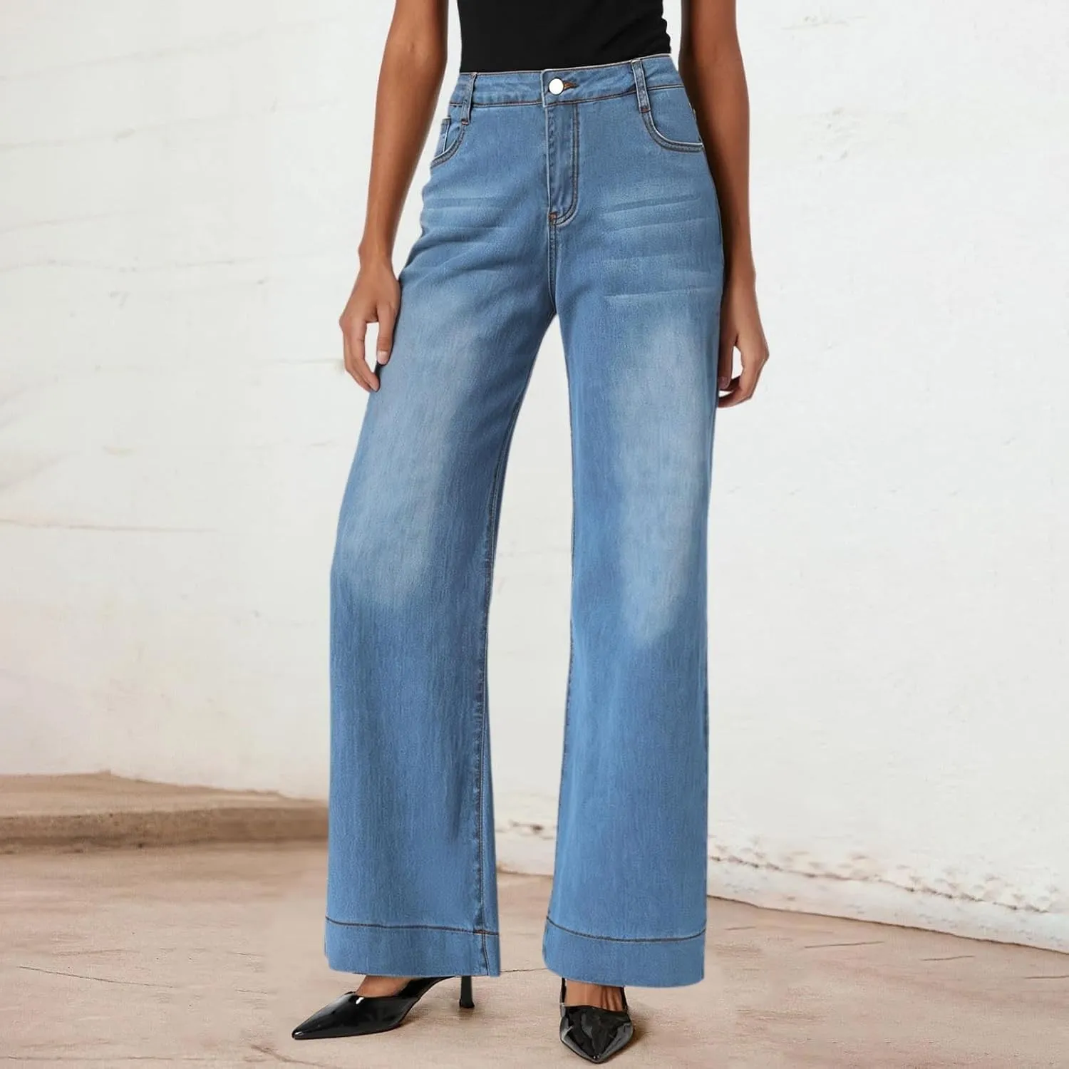 Pull on Wide Leg Jeans for Women, Trendy Straight Leg Jeans Denim Pants High Waisted Stretchy Baggy