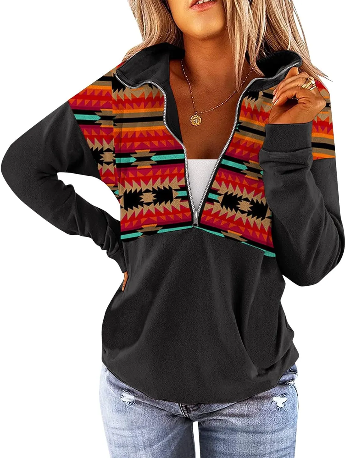 Quarter Zip Pullover Women, Cow Print Patchwork Sweatshirt Long Sleeve Lapel Jacket Tops Casual Loose Coat Outwear