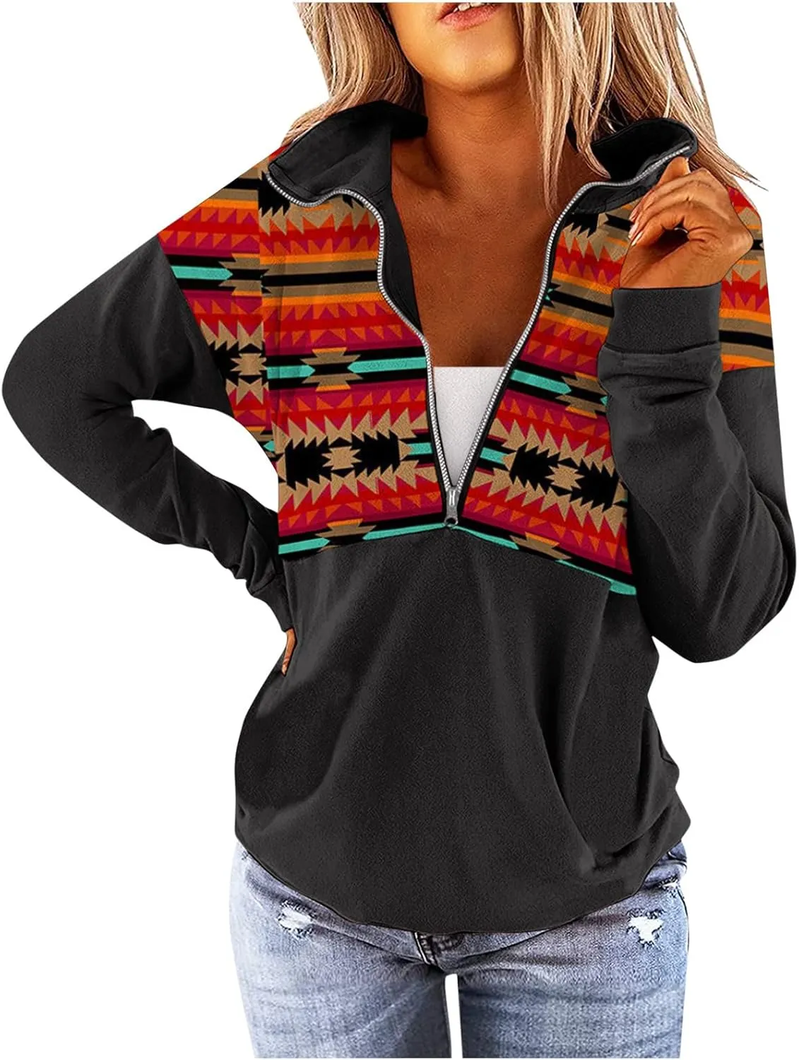 Quarter Zip Pullover Women, Cow Print Patchwork Sweatshirt Long Sleeve Lapel Jacket Tops Casual Loose Coat Outwear