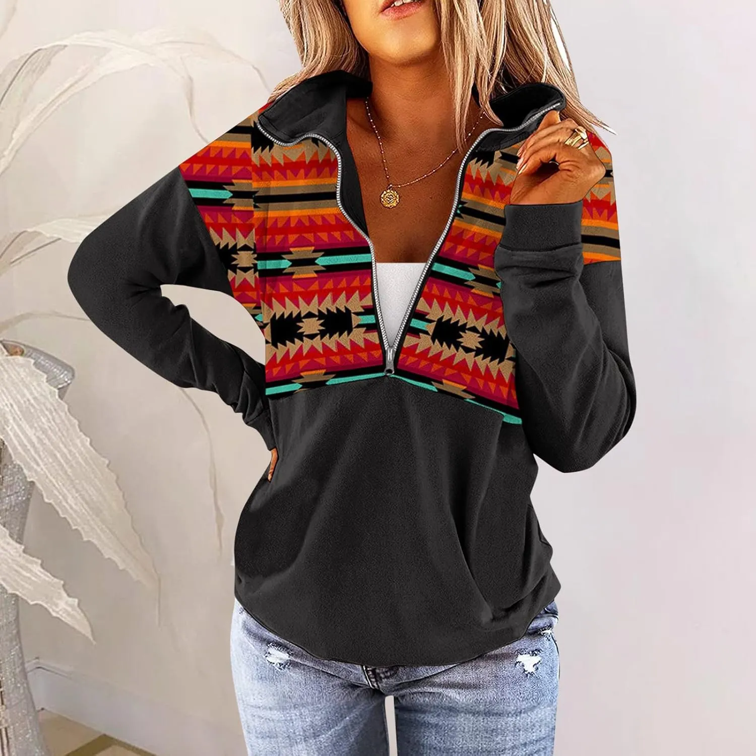 Quarter Zip Pullover Women, Cow Print Patchwork Sweatshirt Long Sleeve Lapel Jacket Tops Casual Loose Coat Outwear