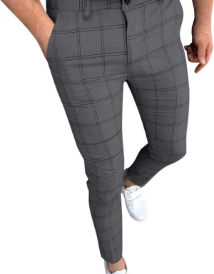 QWENTMTNTY Mens Chinos Plaid Dress Pants Skinny Slim Fit Casual Stretch Pants Big and Tall Flat Front Pockets Business Slacks Gray