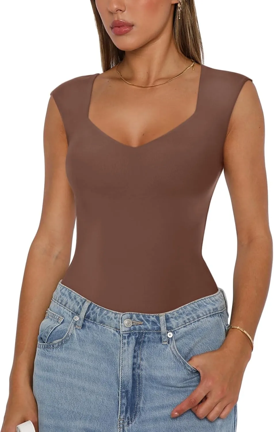 REORIA Butsmooth Women's Trendy Sexy Casual V Neck Double Lined Sleeveless Slimming Going Out Tank Top Bodysuits