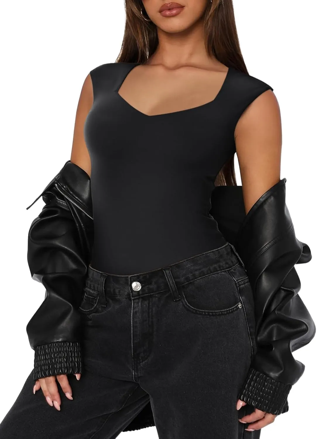 REORIA Butsmooth Women's Trendy Sexy Casual V Neck Double Lined Sleeveless Slimming Going Out Tank Top Bodysuits