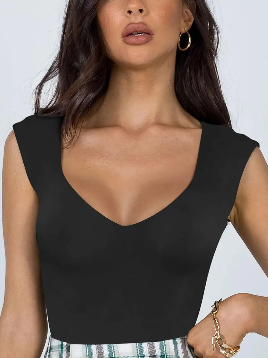 REORIA Butsmooth Women's Trendy Sexy Casual V Neck Double Lined Sleeveless Slimming Going Out Tank Top Bodysuits