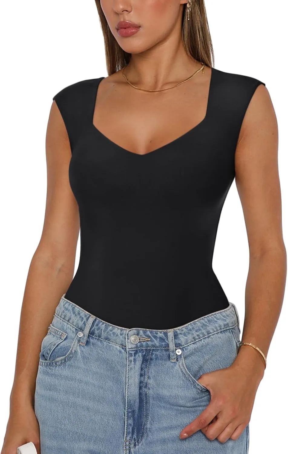 REORIA Butsmooth Women's Trendy Sexy Casual V Neck Double Lined Sleeveless Slimming Going Out Tank Top Bodysuits