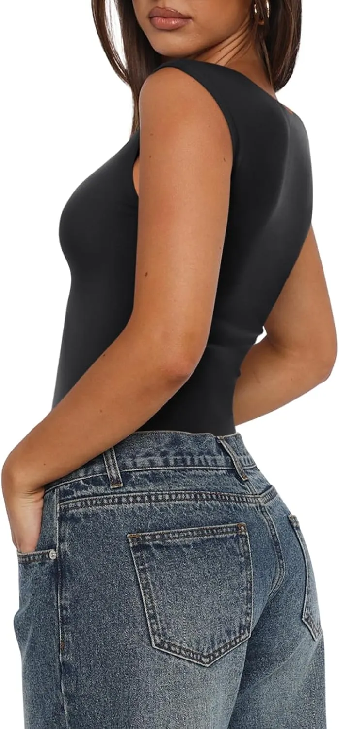 REORIA Butsmooth Women's Trendy Sexy Casual V Neck Double Lined Sleeveless Slimming Going Out Tank Top Bodysuits