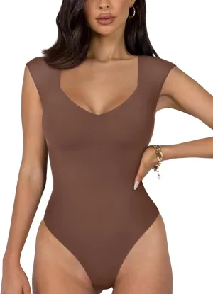 REORIA Butsmooth Women's Trendy Sexy Casual V Neck Double Lined Sleeveless Slimming Going Out Tank Top Bodysuits