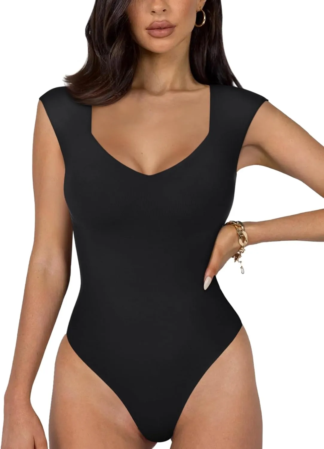 REORIA Butsmooth Women's Trendy Sexy Casual V Neck Double Lined Sleeveless Slimming Going Out Tank Top Bodysuits