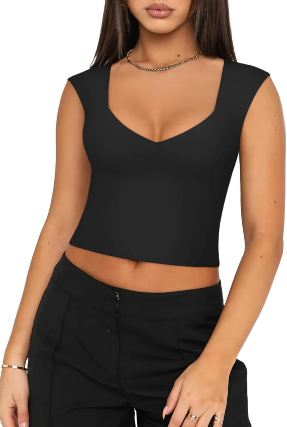 REORIA Women's Trendy Butsmooth Sexy Casual V Neck Double Lined Sleeveless Slimming Going Out Crop Tank Top