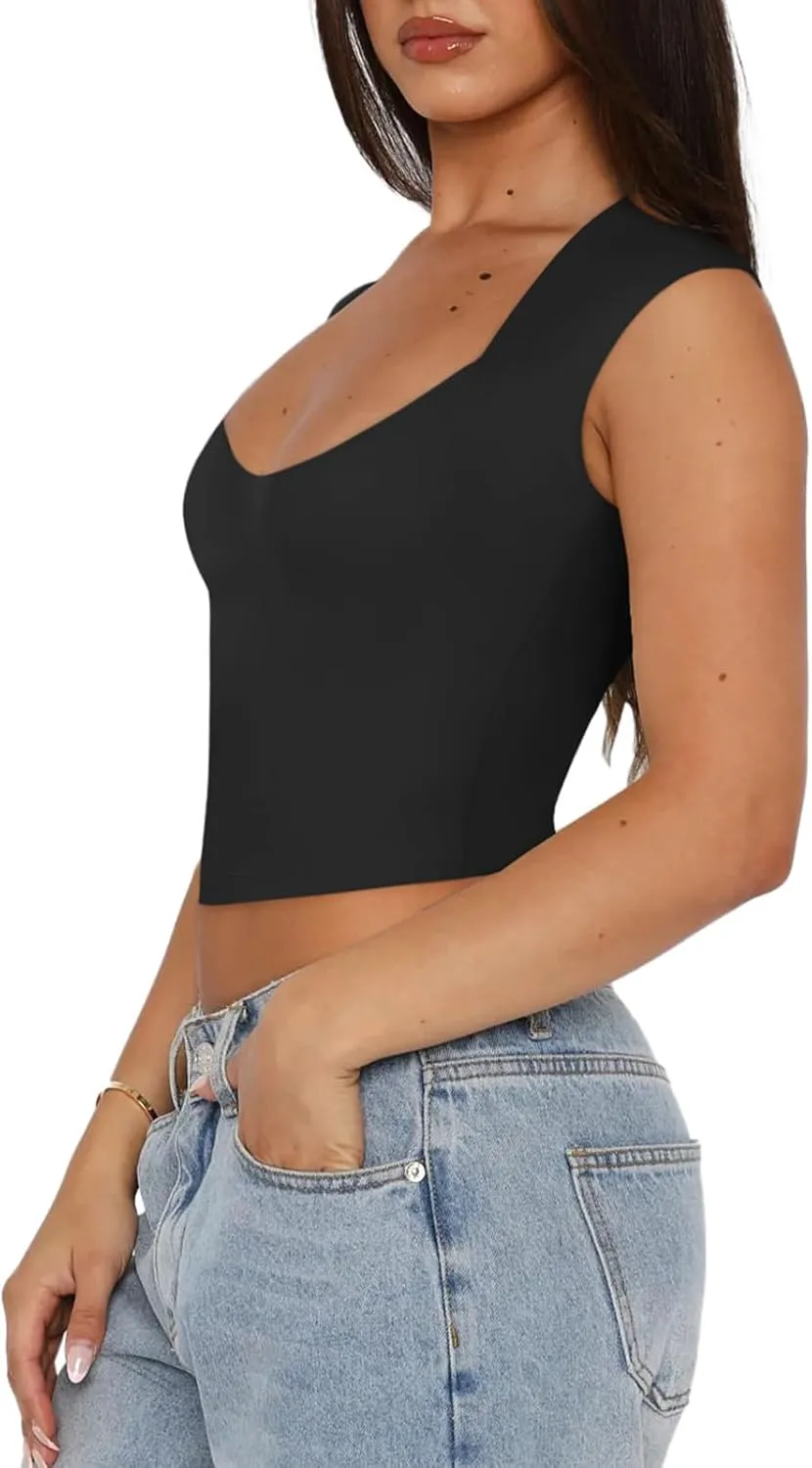REORIA Women's Trendy Butsmooth Sexy Casual V Neck Double Lined Sleeveless Slimming Going Out Crop Tank Top