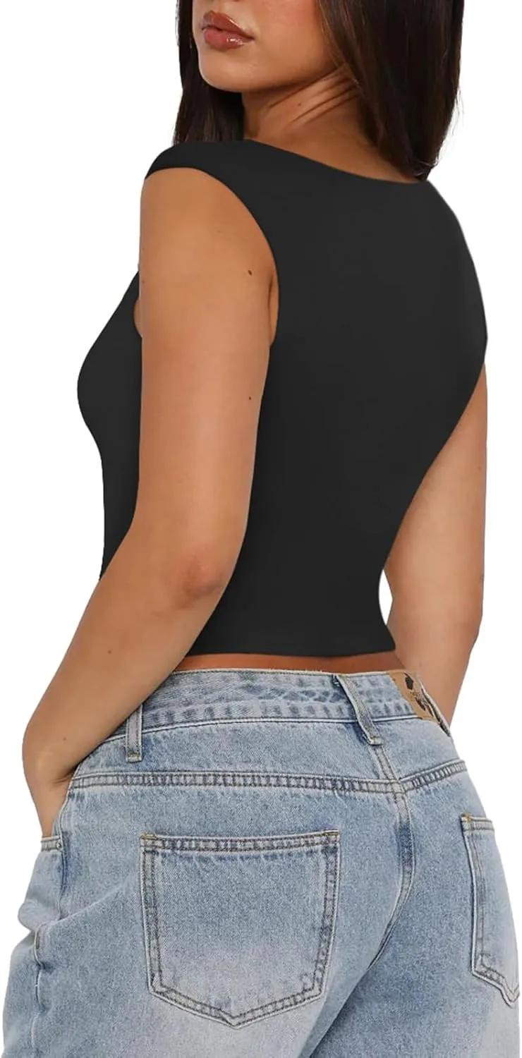 REORIA Women's Trendy Butsmooth Sexy Casual V Neck Double Lined Sleeveless Slimming Going Out Crop Tank Top