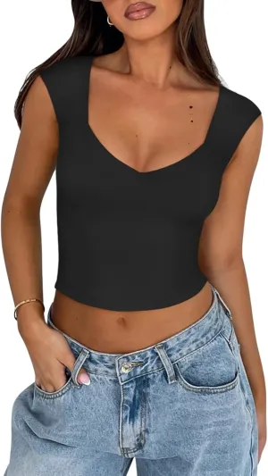 REORIA Women's Trendy Butsmooth Sexy Casual V Neck Double Lined Sleeveless Slimming Going Out Crop Tank Top