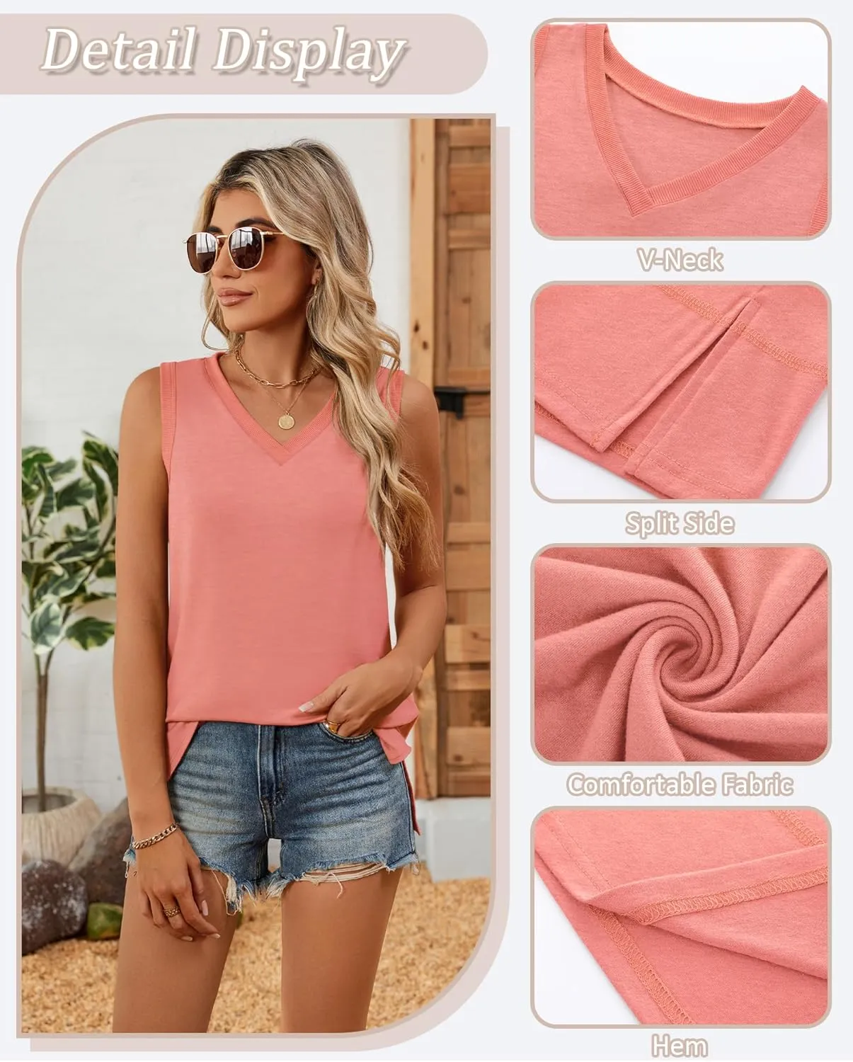 Riyiper 3 Pack Womens Tank Tops Sleeveless V Neck Casual Summer Cotton Side Slit Hem Basic Tee Shirt Loose Fit Trendy Outfits
