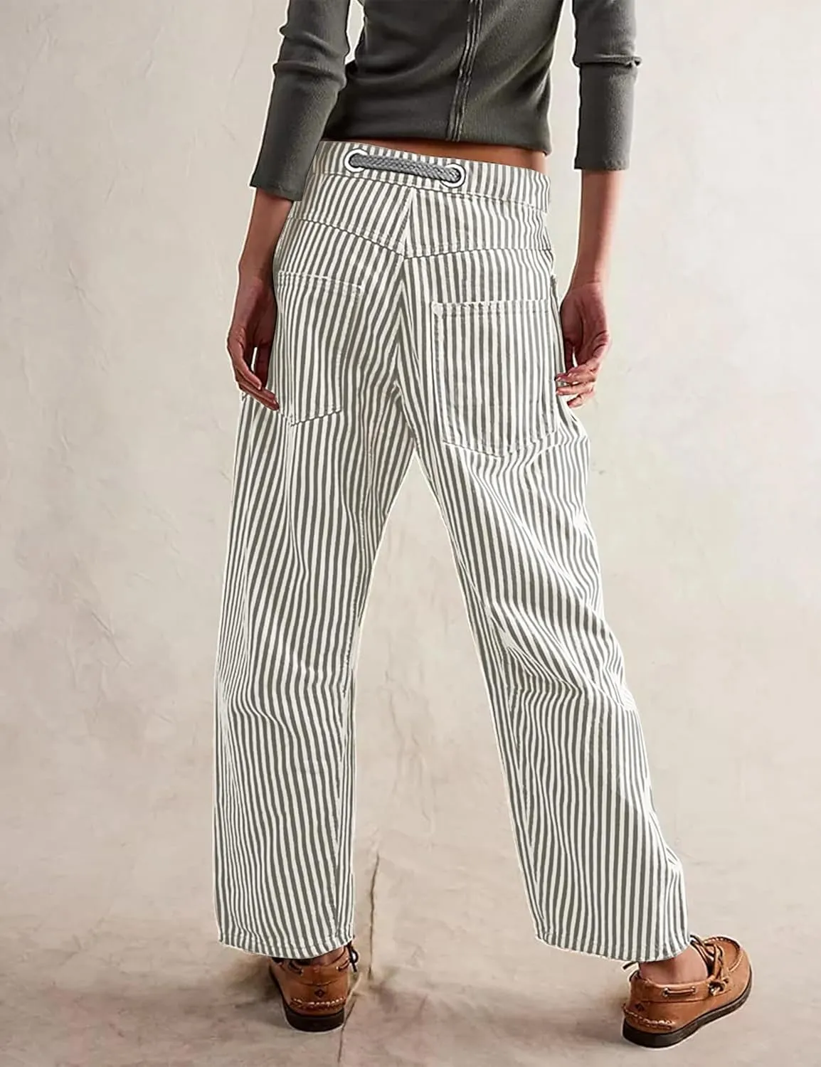 SAFRISIOR Women Striped Patchwork Pants Drawstring Barrel Pant Wide Leg Streetwear Y2k Trousers with Pockets