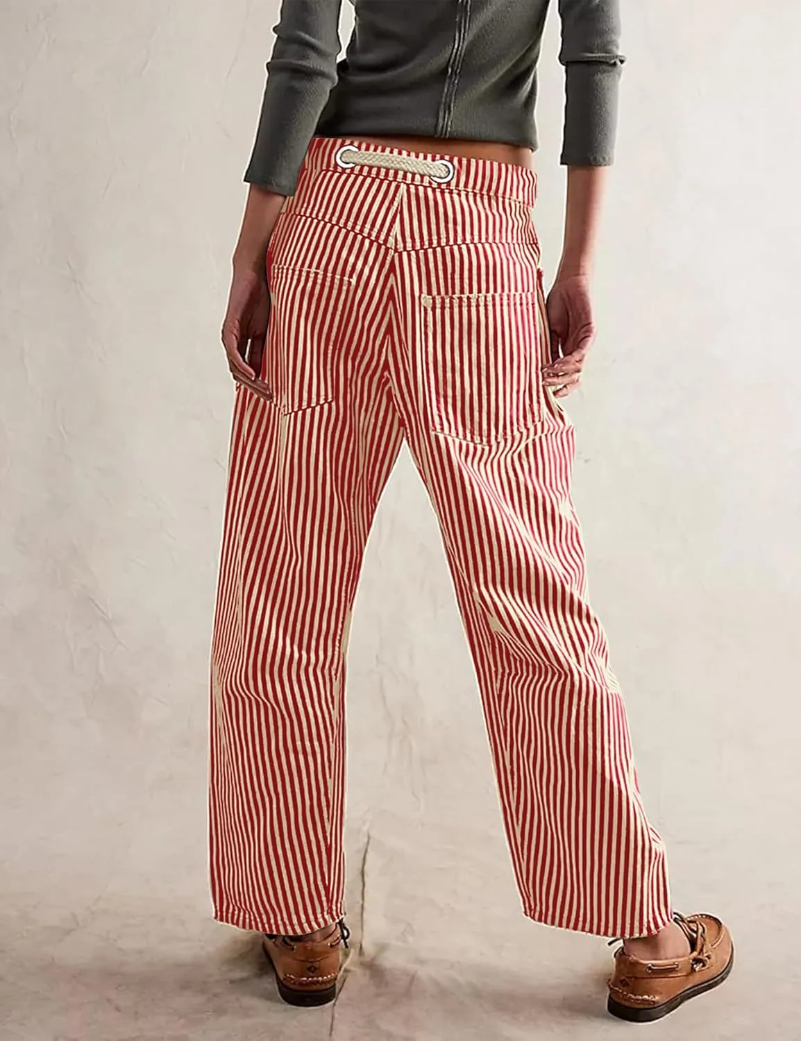 SAFRISIOR Women Striped Patchwork Pants Drawstring Barrel Pant Wide Leg Streetwear Y2k Trousers with Pockets