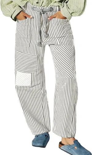 SAFRISIOR Women Striped Patchwork Pants Drawstring Barrel Pant Wide Leg Streetwear Y2k Trousers with Pockets