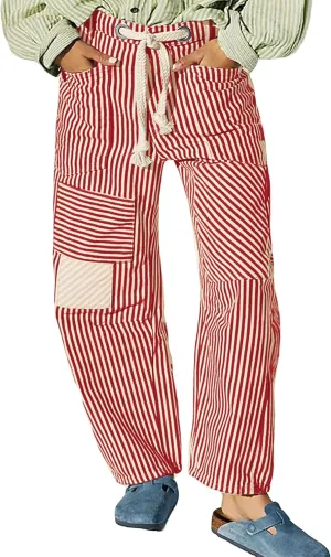 SAFRISIOR Women Striped Patchwork Pants Drawstring Barrel Pant Wide Leg Streetwear Y2k Trousers with Pockets