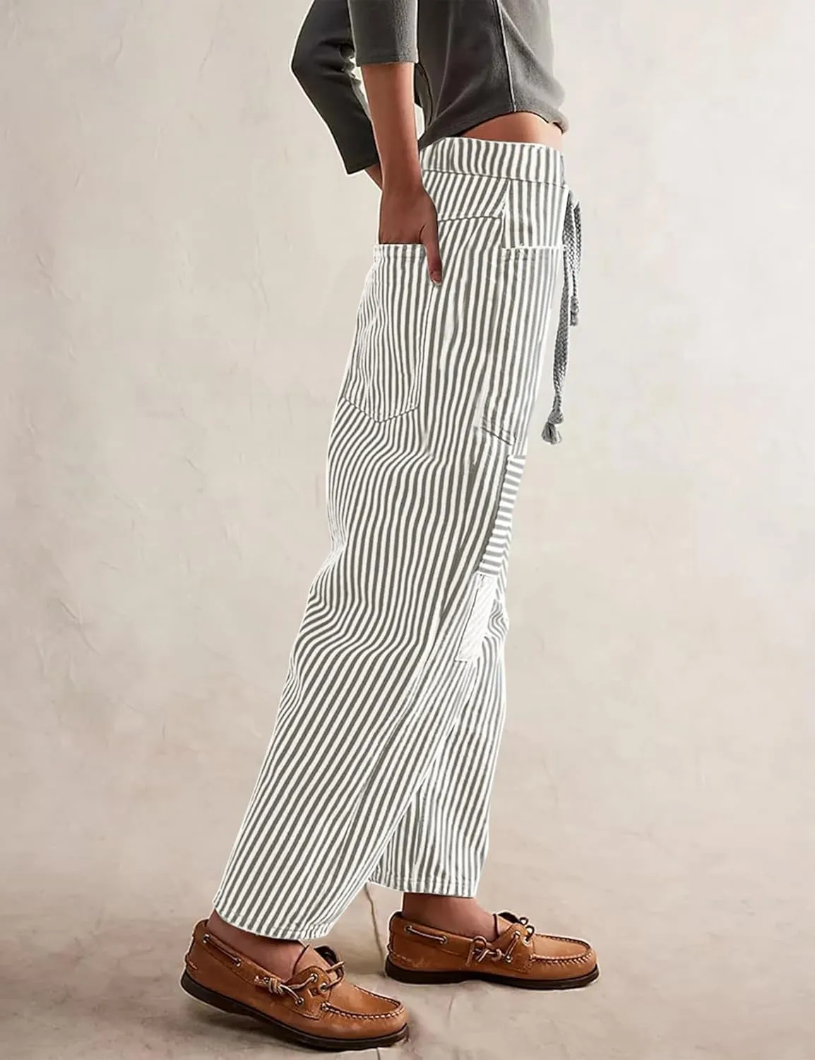 SAFRISIOR Women Striped Patchwork Pants Drawstring Barrel Pant Wide Leg Streetwear Y2k Trousers with Pockets