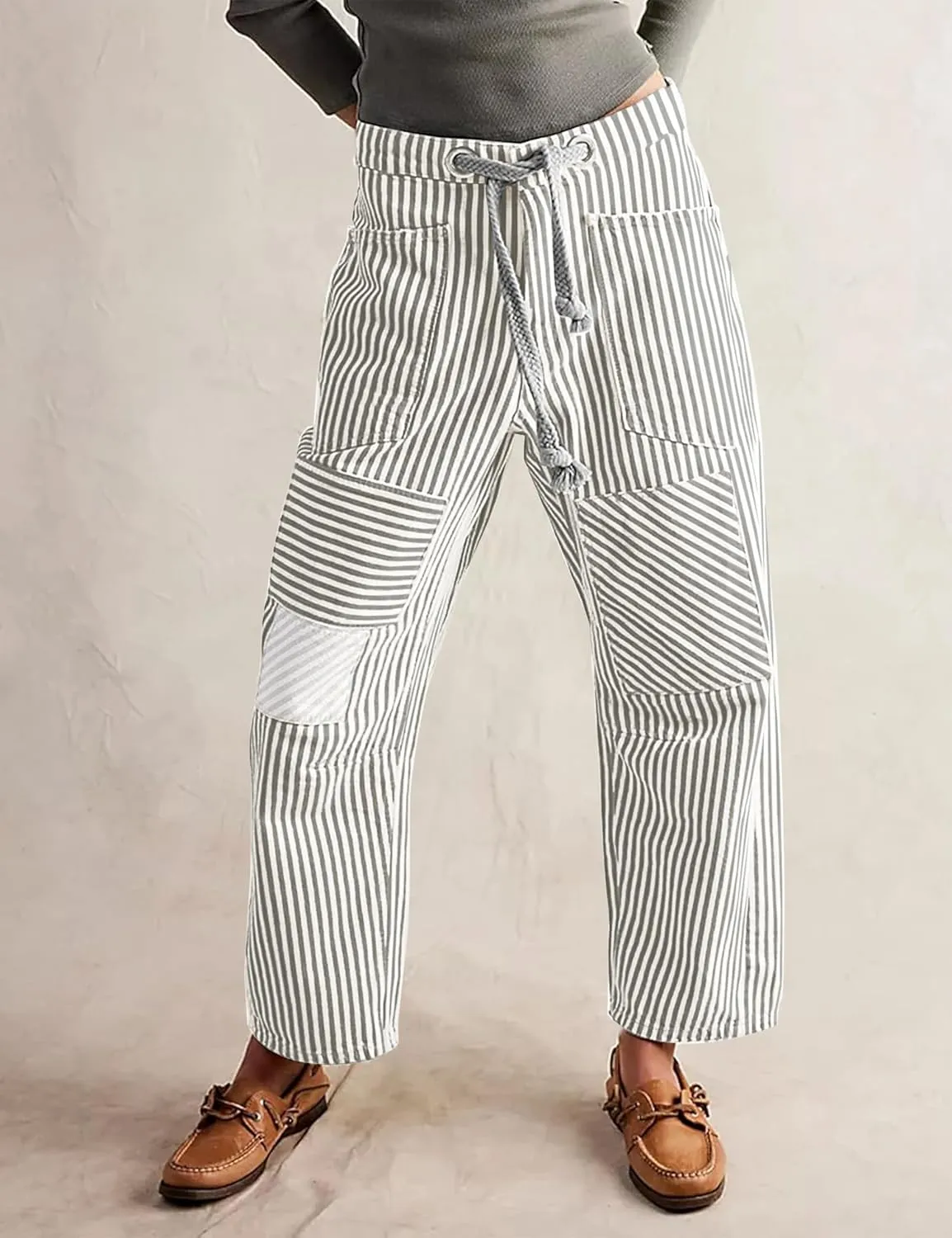 SAFRISIOR Women Striped Patchwork Pants Drawstring Barrel Pant Wide Leg Streetwear Y2k Trousers with Pockets