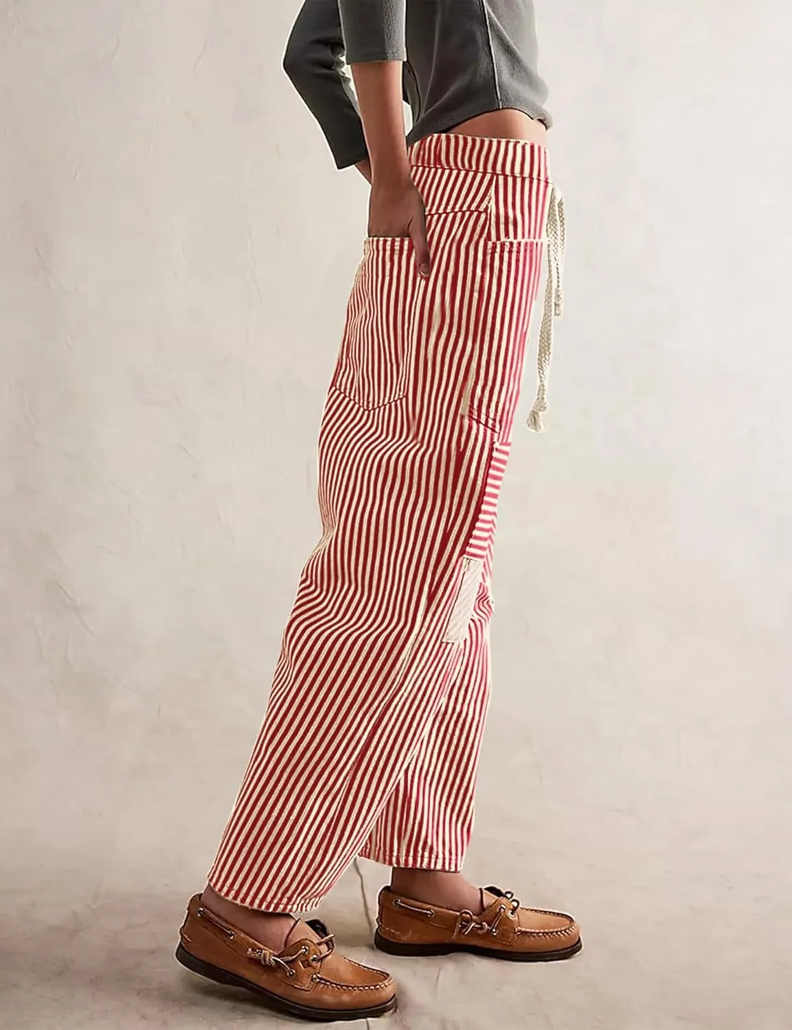 SAFRISIOR Women Striped Patchwork Pants Drawstring Barrel Pant Wide Leg Streetwear Y2k Trousers with Pockets