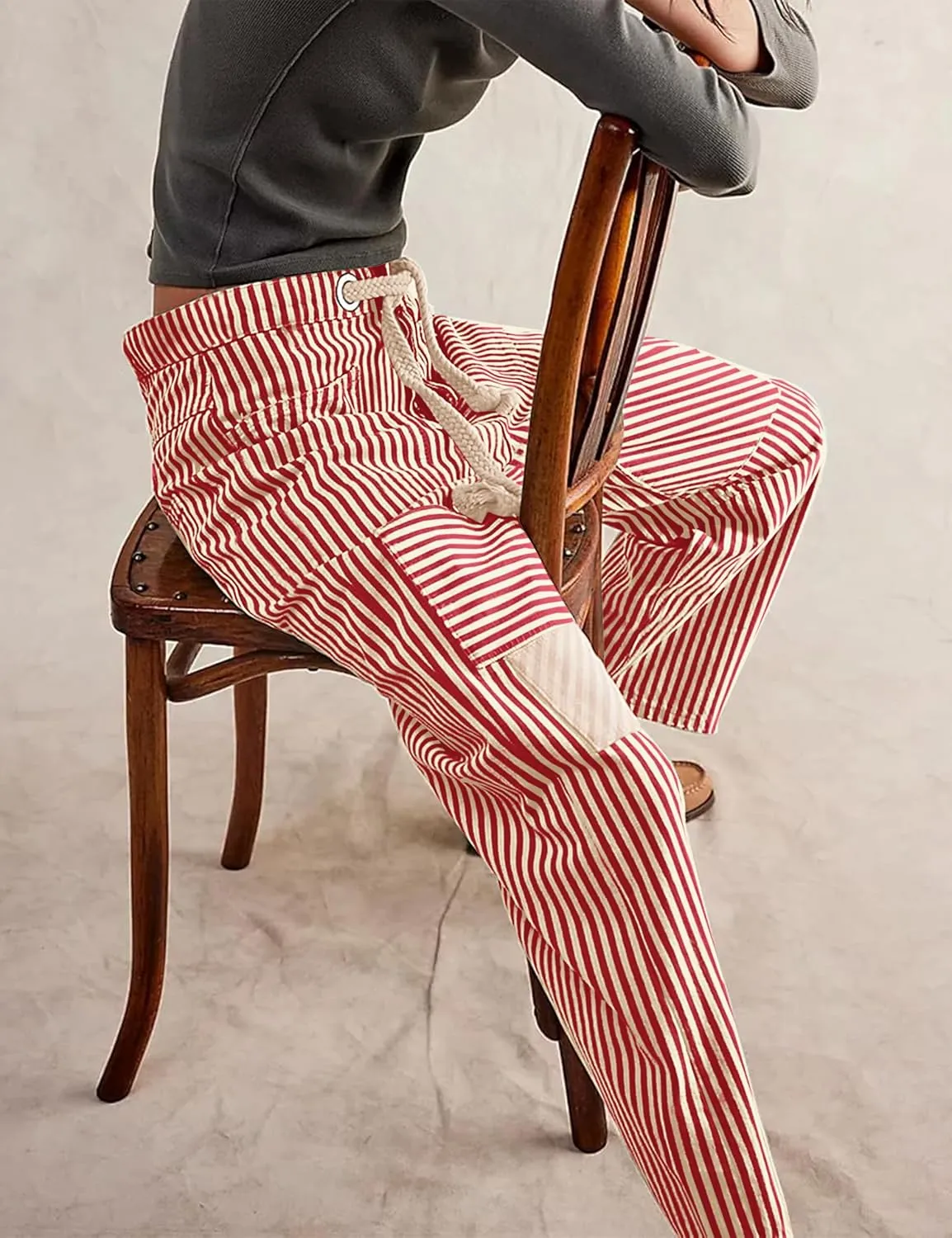 SAFRISIOR Women Striped Patchwork Pants Drawstring Barrel Pant Wide Leg Streetwear Y2k Trousers with Pockets