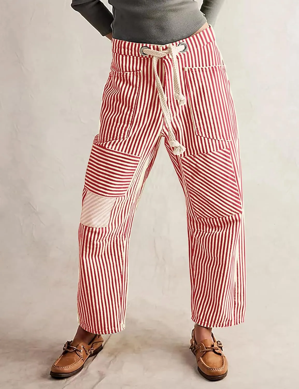 SAFRISIOR Women Striped Patchwork Pants Drawstring Barrel Pant Wide Leg Streetwear Y2k Trousers with Pockets