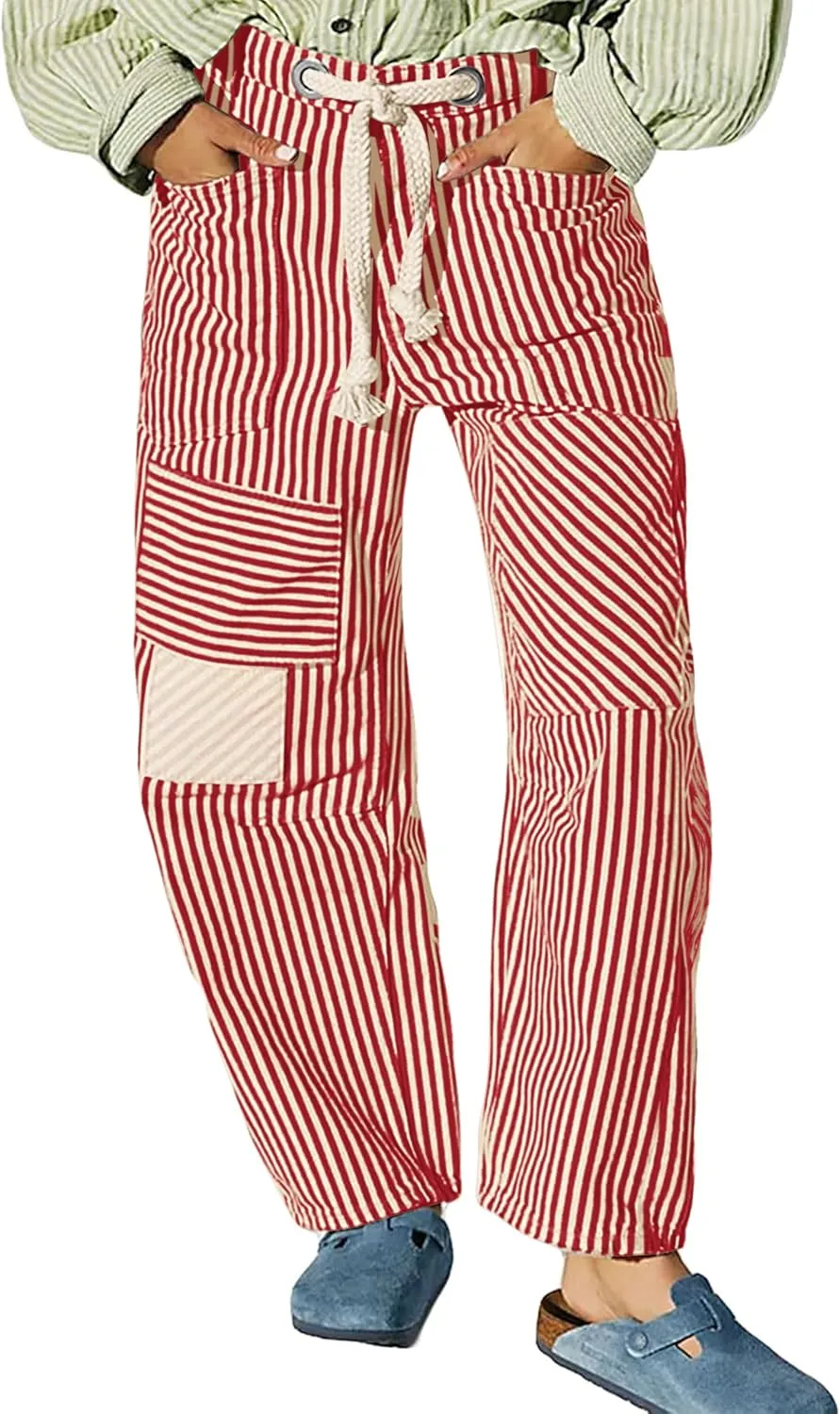 SAFRISIOR Women Striped Patchwork Pants Drawstring Barrel Pant Wide Leg Streetwear Y2k Trousers with Pockets