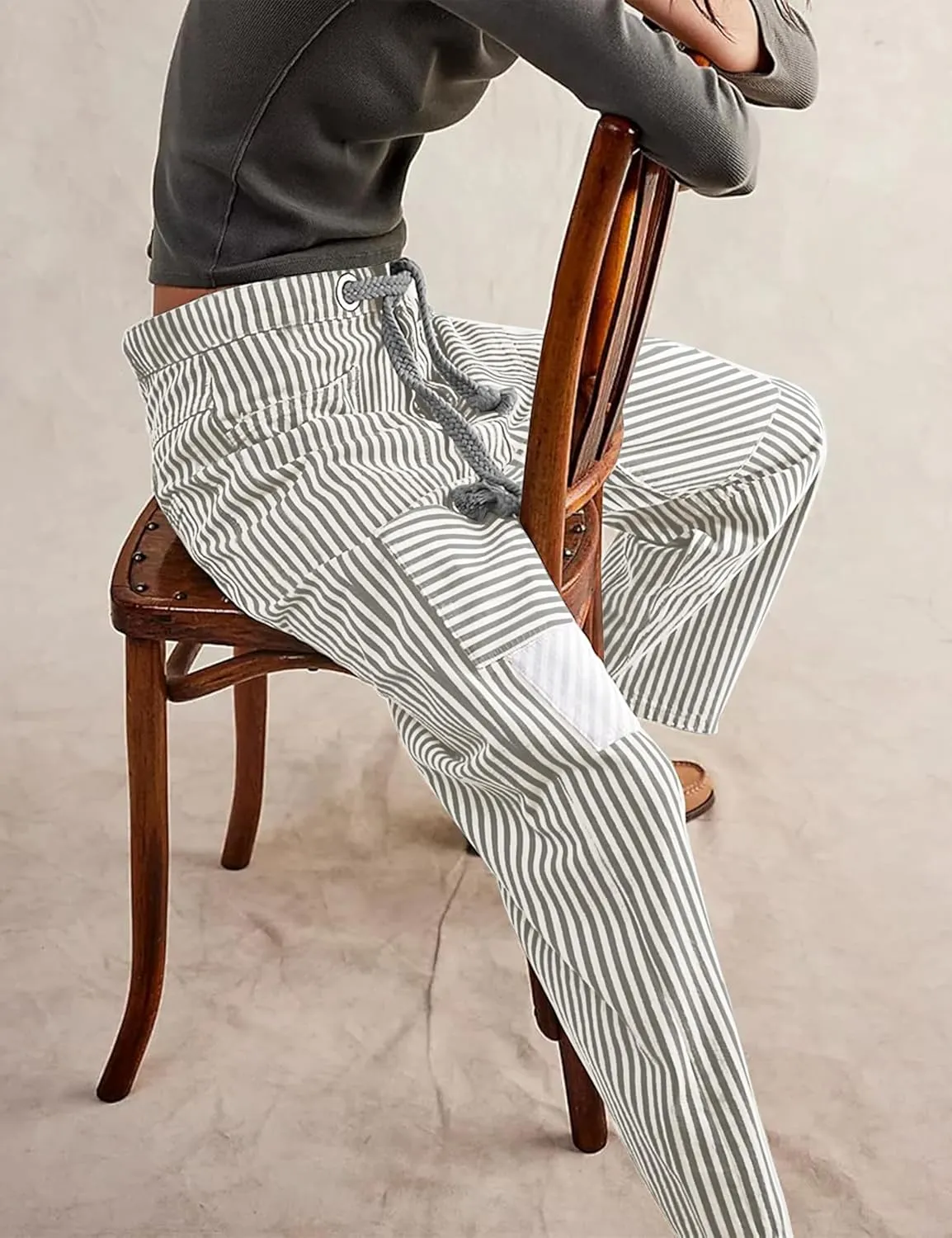 SAFRISIOR Women Striped Patchwork Pants Drawstring Barrel Pant Wide Leg Streetwear Y2k Trousers with Pockets