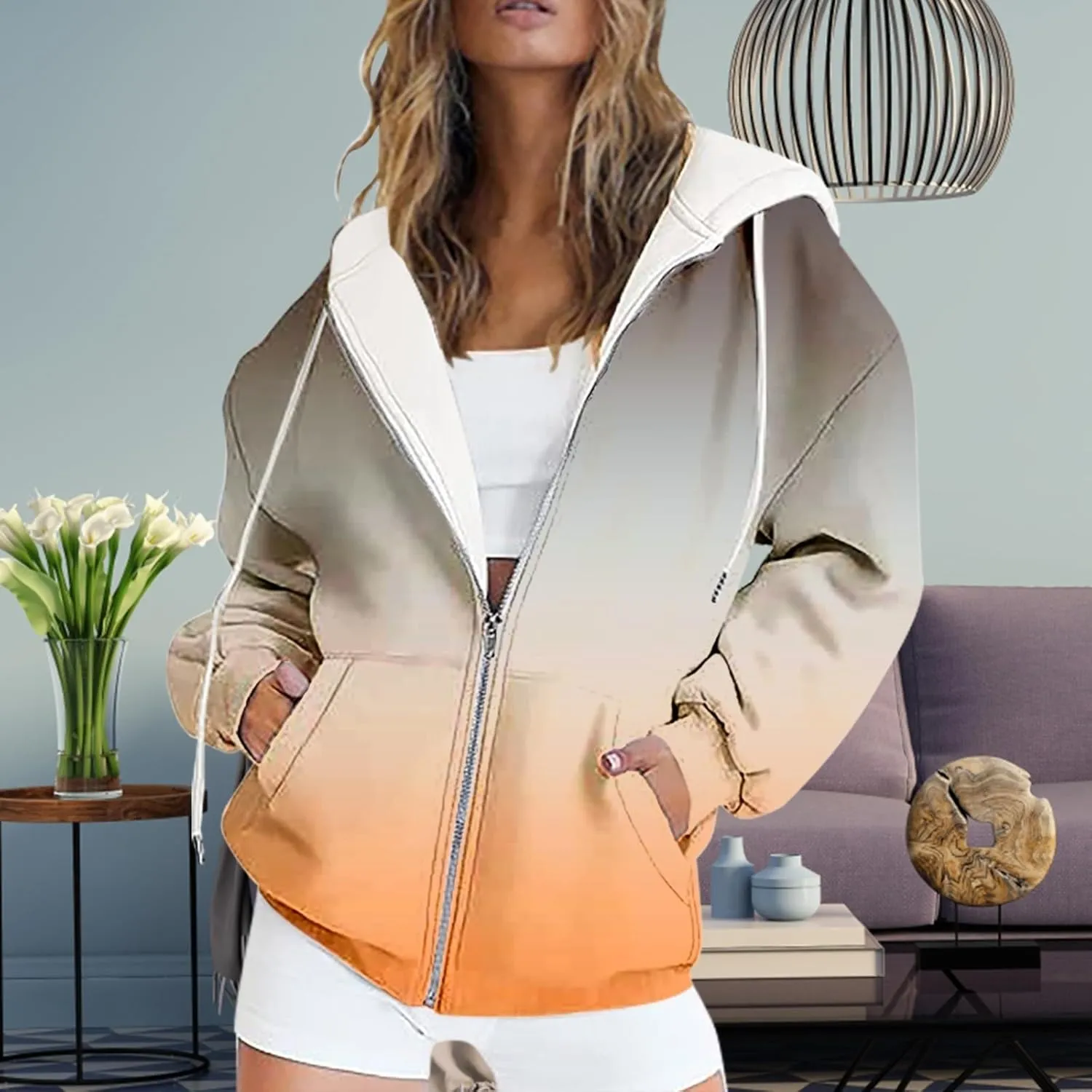 SAMST Women's Oversized Zip Up Hoodies Sweatshirts Y2K Clothes Teen Girl Fall Casual Drawstring Jackets with Pockets