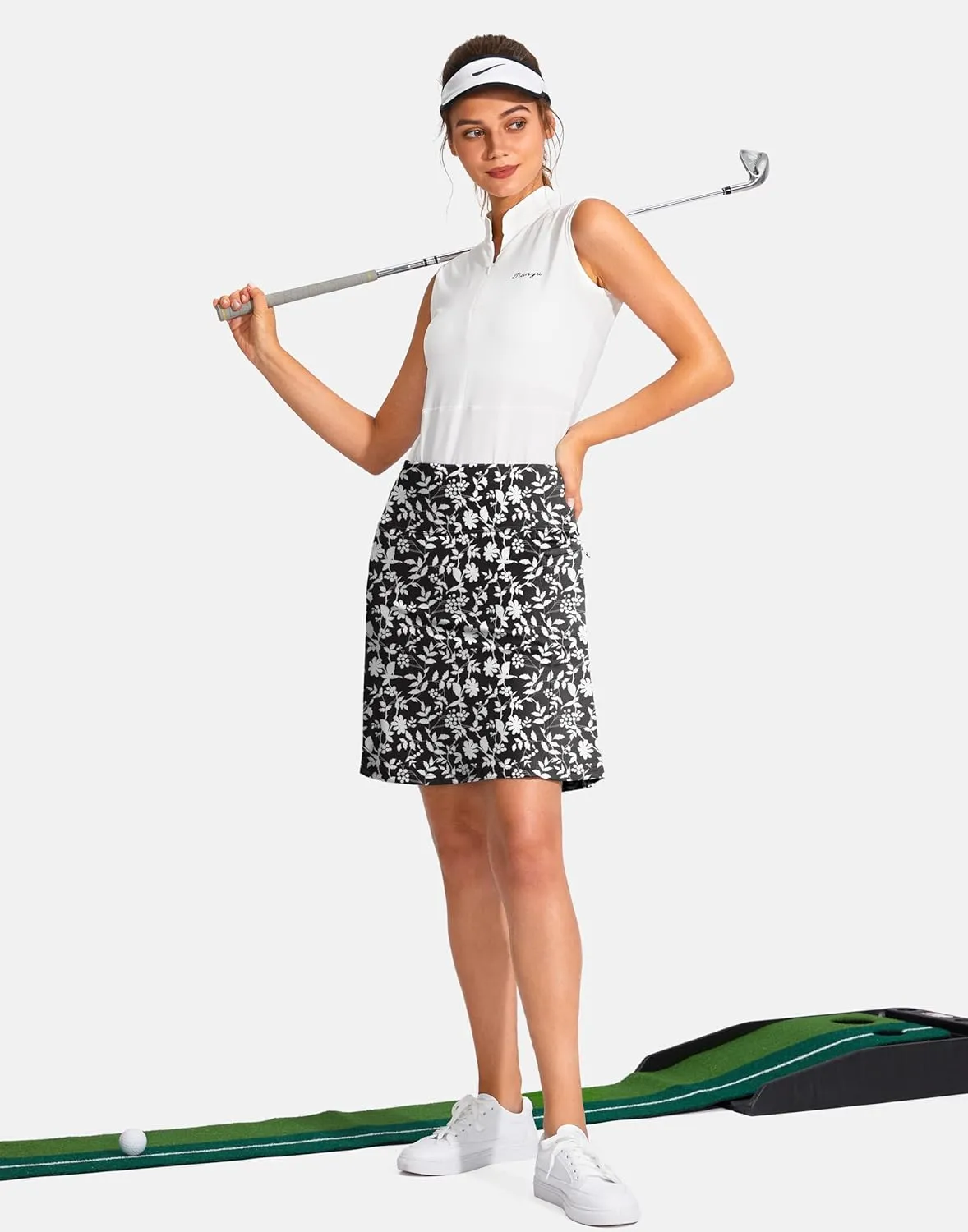 SANTINY 19" Golf Skorts Skirts for Women Zipper Pockets Knee Length Skort Women's High Waist Athletic Tennis Skirt